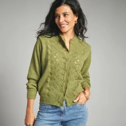 Trui En Vest<Lora Zellini Vest met knopen en opstaande kraag in fantasietricot mosgroen