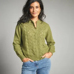 Trui En Vest<Lora Zellini Vest met knopen en opstaande kraag in fantasietricot mosgroen