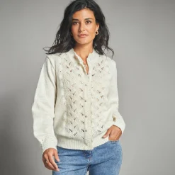 Trui En Vest<Lora Zellini Vest met knopen en opstaande kraag in fantasietricot ivoorkleur