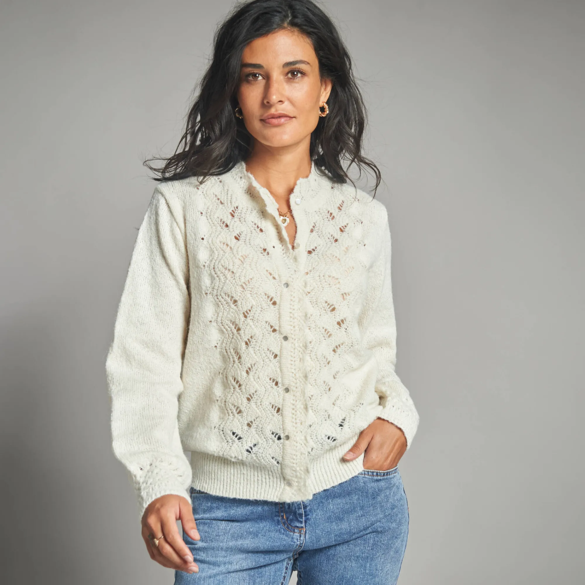 Trui En Vest<Lora Zellini Vest met knopen en opstaande kraag in fantasietricot ivoorkleur