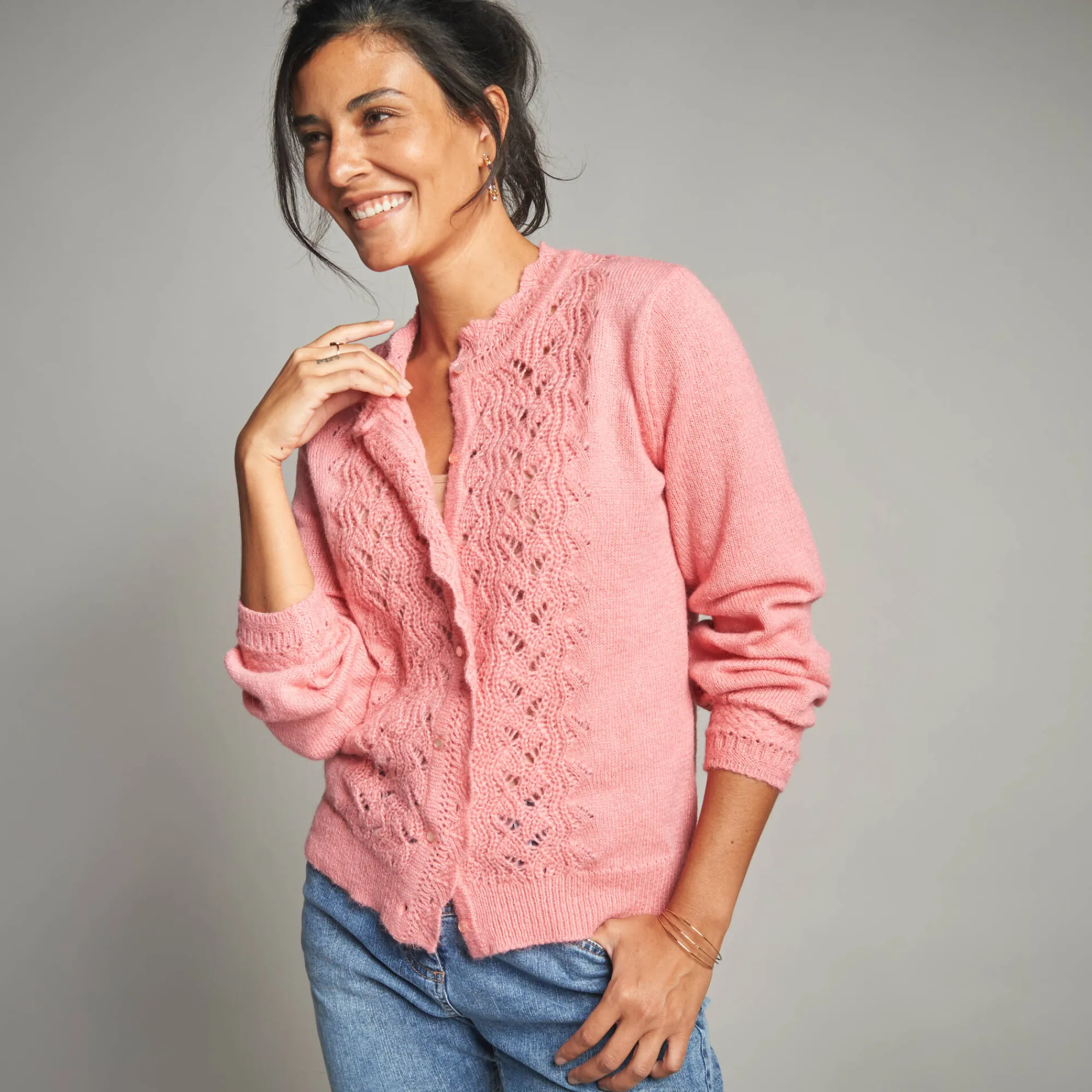 Trui En Vest<Lora Zellini Vest met knopen en opstaande kraag in fantasietricot rozenhout