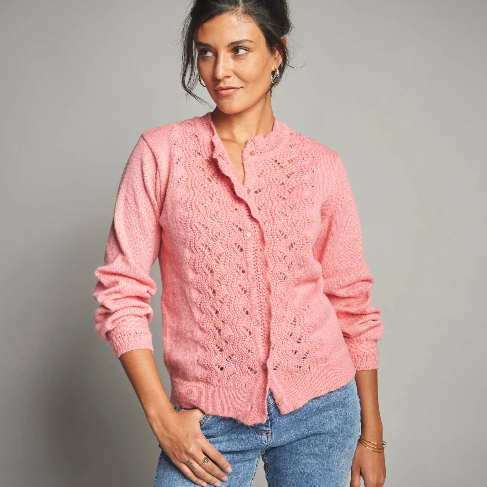 Trui En Vest<Lora Zellini Vest met knopen en opstaande kraag in fantasietricot rozenhout