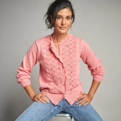 Trui En Vest<Lora Zellini Vest met knopen en opstaande kraag in fantasietricot rozenhout
