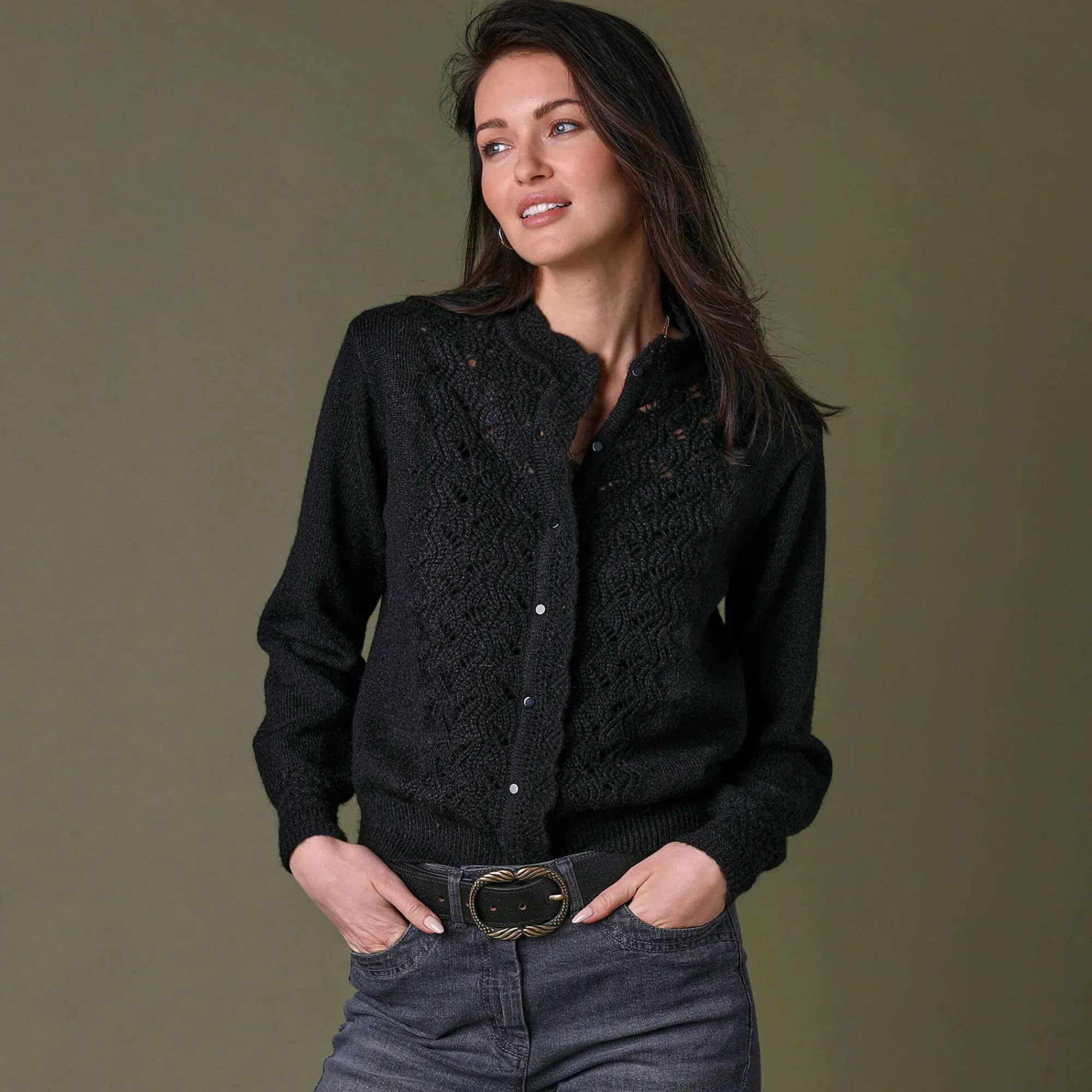 Trui En Vest<Lora Zellini Vest met knopen en opstaande kraag in fantasietricot zwart