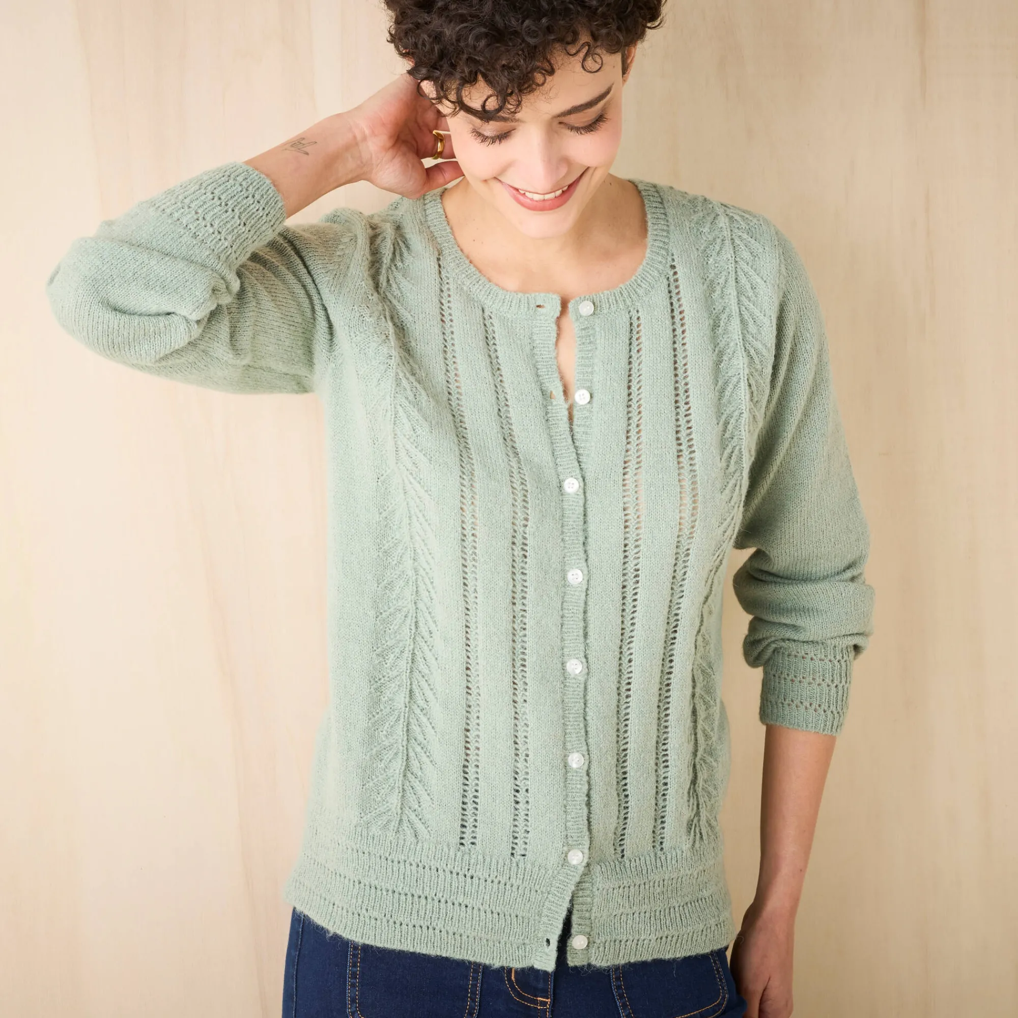 Trui En Vest<Blancheporte Vest met knopen en ronde hals, fantasietricot watergroen