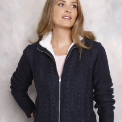 Trui En Vest<Blancheporte Vest met rits en kabelmotieven, gevoerd met pluchetricot marine
