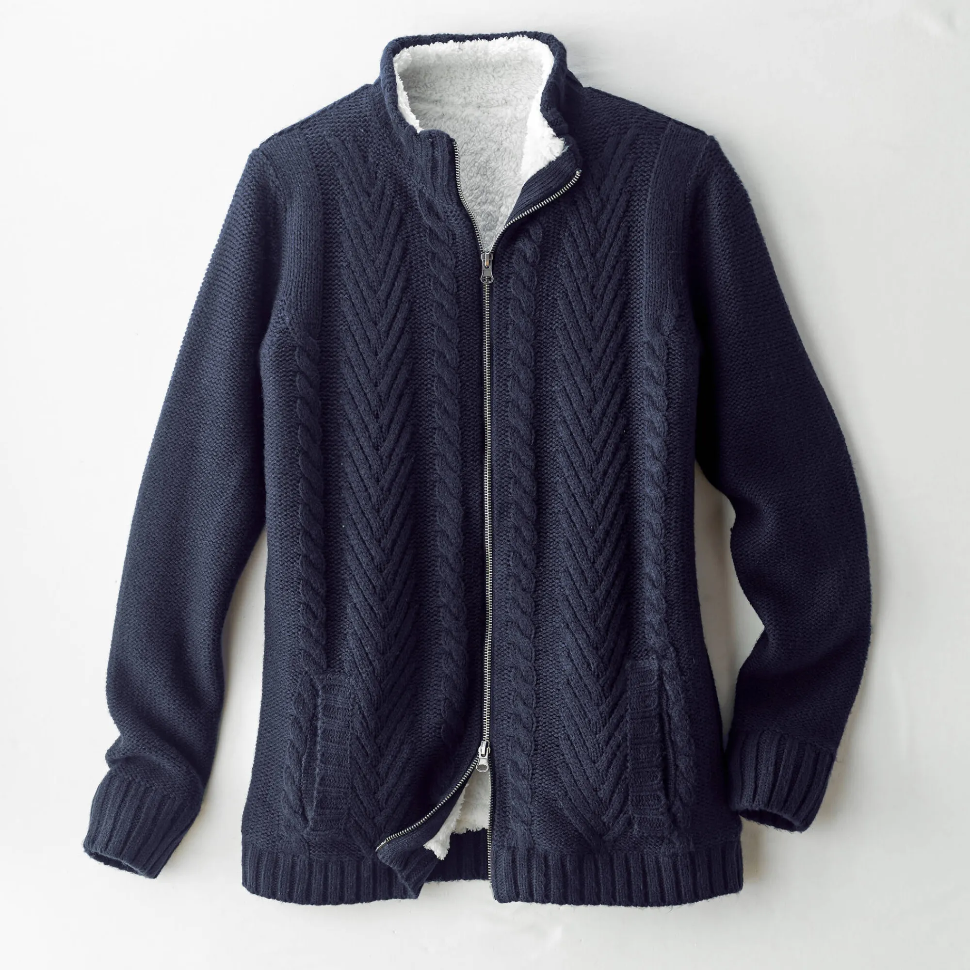 Trui En Vest<Blancheporte Vest met rits en kabelmotieven, gevoerd met pluchetricot marine