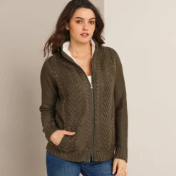 Trui En Vest<Blancheporte Vest met rits en kabelmotieven, gevoerd met pluchetricot donkerkaki