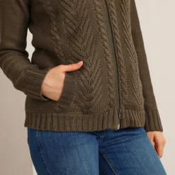 Trui En Vest<Blancheporte Vest met rits en kabelmotieven, gevoerd met pluchetricot donkerkaki