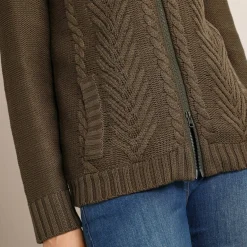 Trui En Vest<Blancheporte Vest met rits en kabelmotieven, gevoerd met pluchetricot donkerkaki