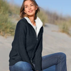 Trui En Vest<Outdoor Collection Vest met rits en pluchevoering, 30% wol marine
