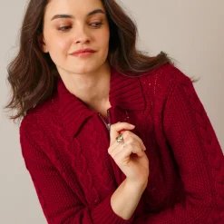 Trui En Vest<Blancheporte Vest met rits en polokraag, kabeltricot donkerrood