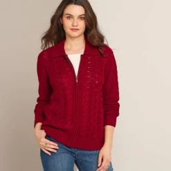 Trui En Vest<Blancheporte Vest met rits en polokraag, kabeltricot donkerrood