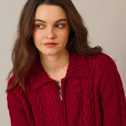 Trui En Vest<Blancheporte Vest met rits en polokraag, kabeltricot donkerrood