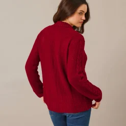 Trui En Vest<Blancheporte Vest met rits en polokraag, kabeltricot donkerrood