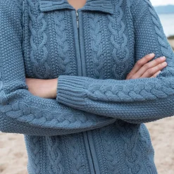 Trui En Vest<Blancheporte Vest met rits en polokraag, kabeltricot jeansblauw