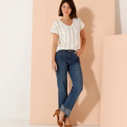 Trui En Vest<Blancheporte V-halstrui met korte mouwen, ajourtricot ecru