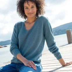 Trui En Vest<Blancheporte V-halstrui met lange mouwen, mix van wol en mohair gletsjerblauw