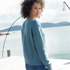 Trui En Vest<Blancheporte V-halstrui met lange mouwen, mix van wol en mohair gletsjerblauw
