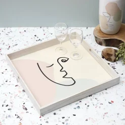 Decoratieartikel<Blancheporte Vierkant dienblad in hout, gezichtmotief veelkleurig