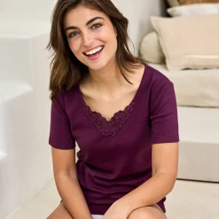 Thermisch Ondergoed<Blancheporte Warm T-shirt met korte mouwen en kanten hals - set van 2 pruim