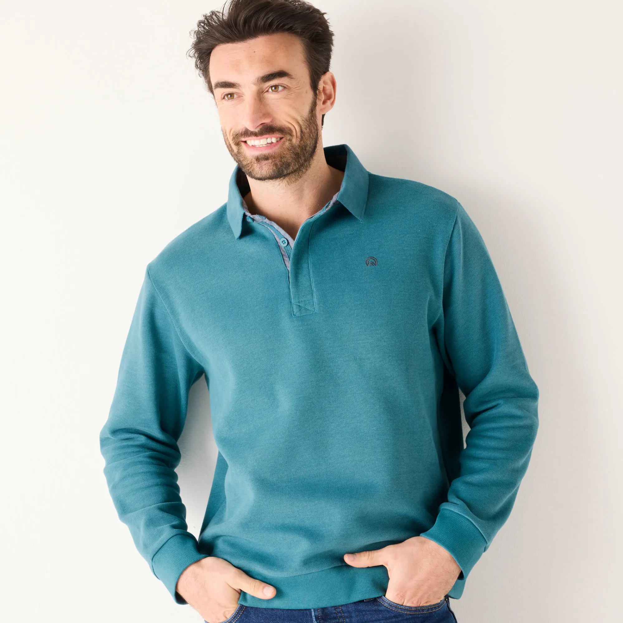 Sweater|Trui En Vest<Blancheporte Warme sweater met polokraag, borduursel op de borst, in ribtricot oceaanblauw