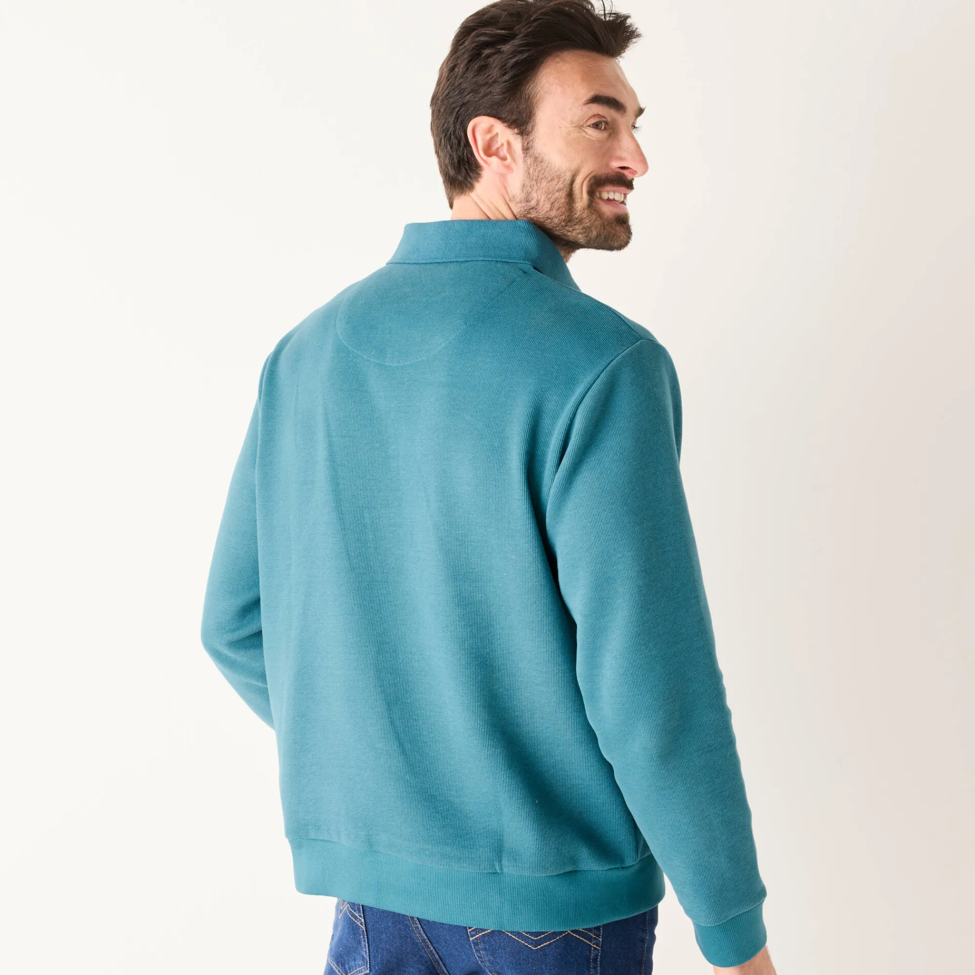 Sweater|Trui En Vest<Blancheporte Warme sweater met polokraag, borduursel op de borst, in ribtricot oceaanblauw