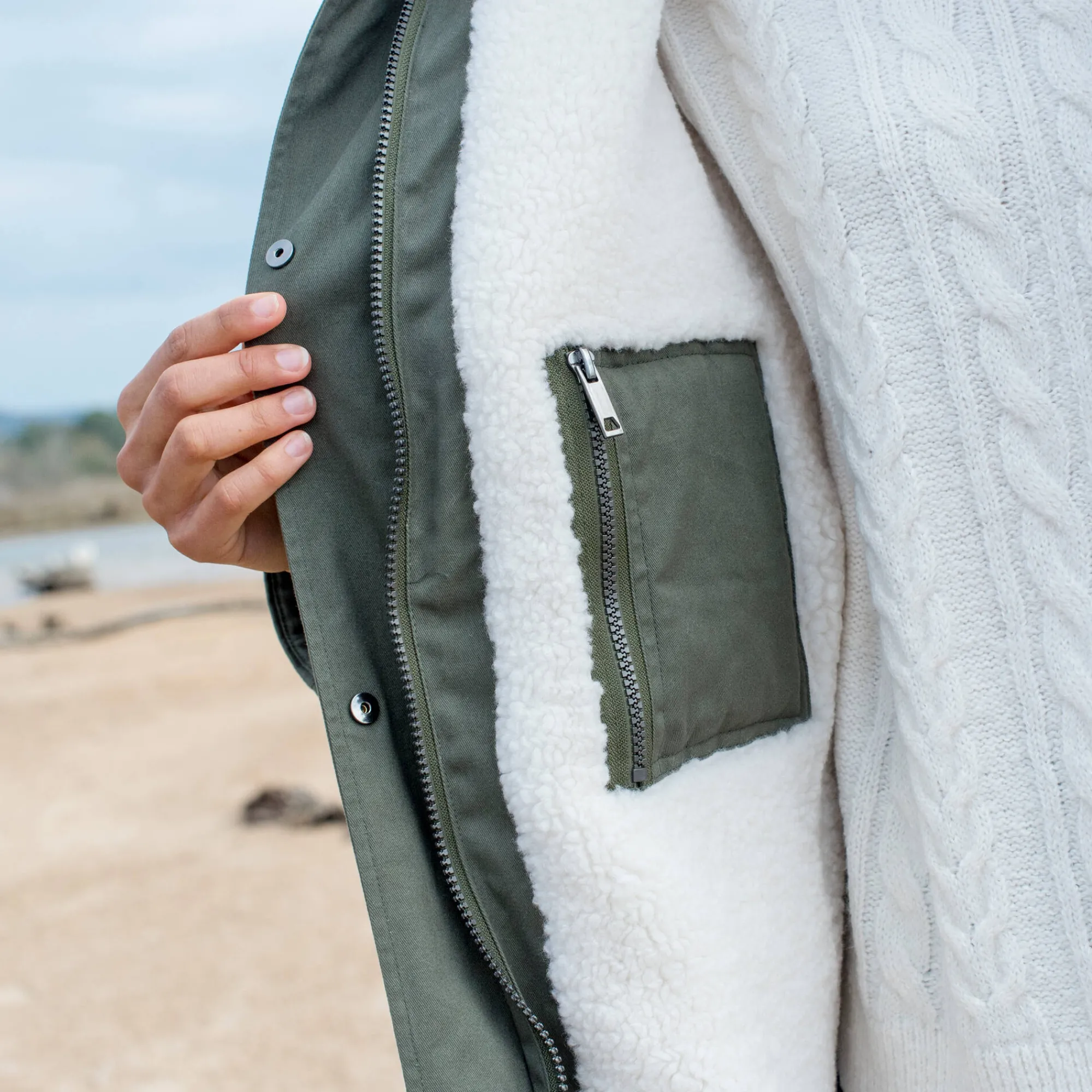 Parka En Donsjas<Blancheporte Waterafstotende parka met kap, voering van sherpafleece kaki
