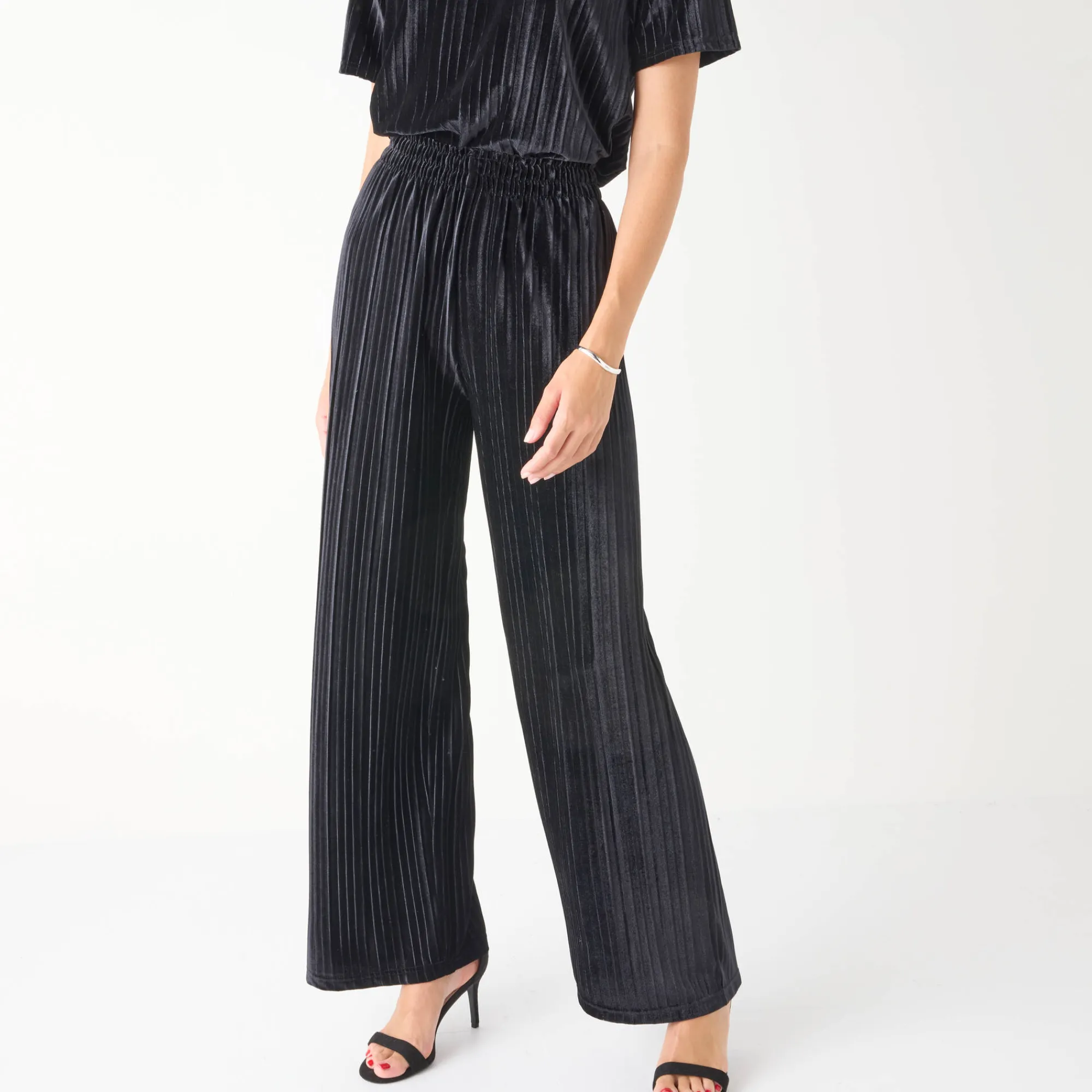 Feestoutfits Dames|Broek<Blancheporte Wijde broek in velours met reliëf, elastische taille zwart