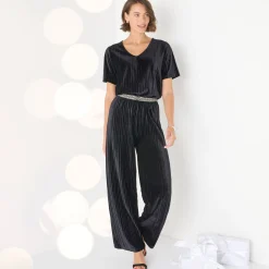 Feestoutfits Dames|Broek<Blancheporte Wijde broek in velours met reliëf, elastische taille zwart