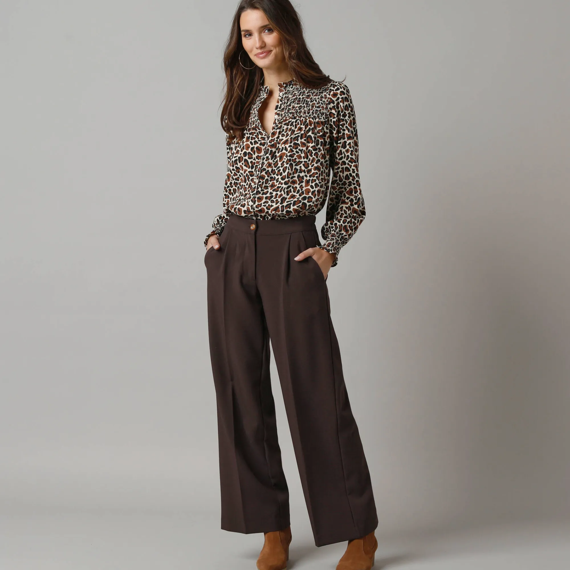 Feestoutfits Dames|Broek<Lora Zellini Wijde broek met bandplooien chocolade