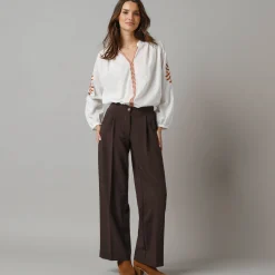 Feestoutfits Dames|Broek<Lora Zellini Wijde broek met bandplooien chocolade