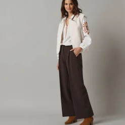 Feestoutfits Dames|Broek<Lora Zellini Wijde broek met bandplooien chocolade
