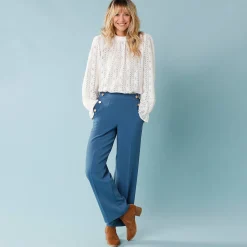 Broek<Blancheporte Wijde broek met hoge taille en knopen opzij, kleine lengtes blauw