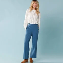 Broek<Blancheporte Wijde broek met hoge taille en knopen opzij, kleine lengtes blauw