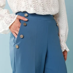 Broek<Blancheporte Wijde broek met hoge taille en knopen opzij, kleine lengtes blauw