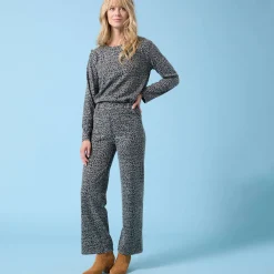 Broek<Blancheporte Wijde broek Special voor kleine lengtes met luipaardprint, geribd kaki / zwart