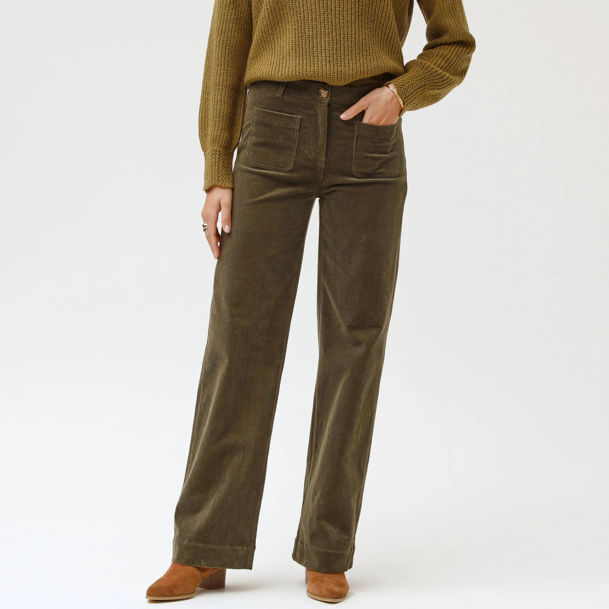Broek<Blancheporte Wijde velours broek met hoge taille, gemiddelde lengte kaki