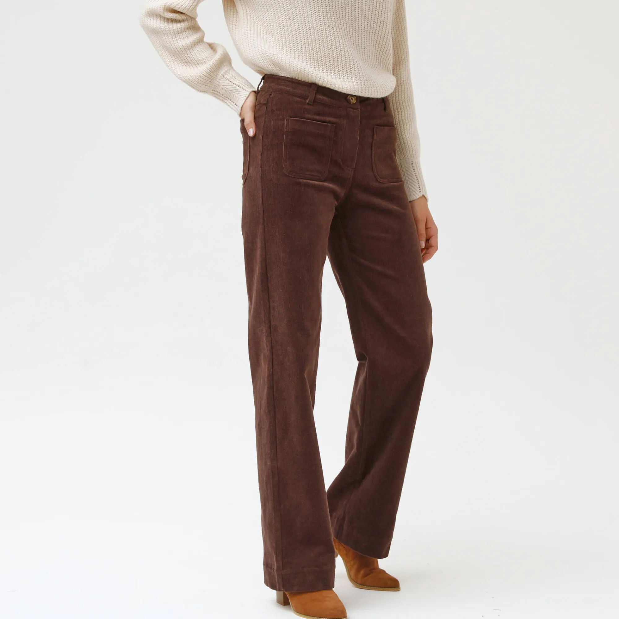 Broek<Blancheporte Wijde velours broek met hoge taille, gemiddelde lengte chocolade