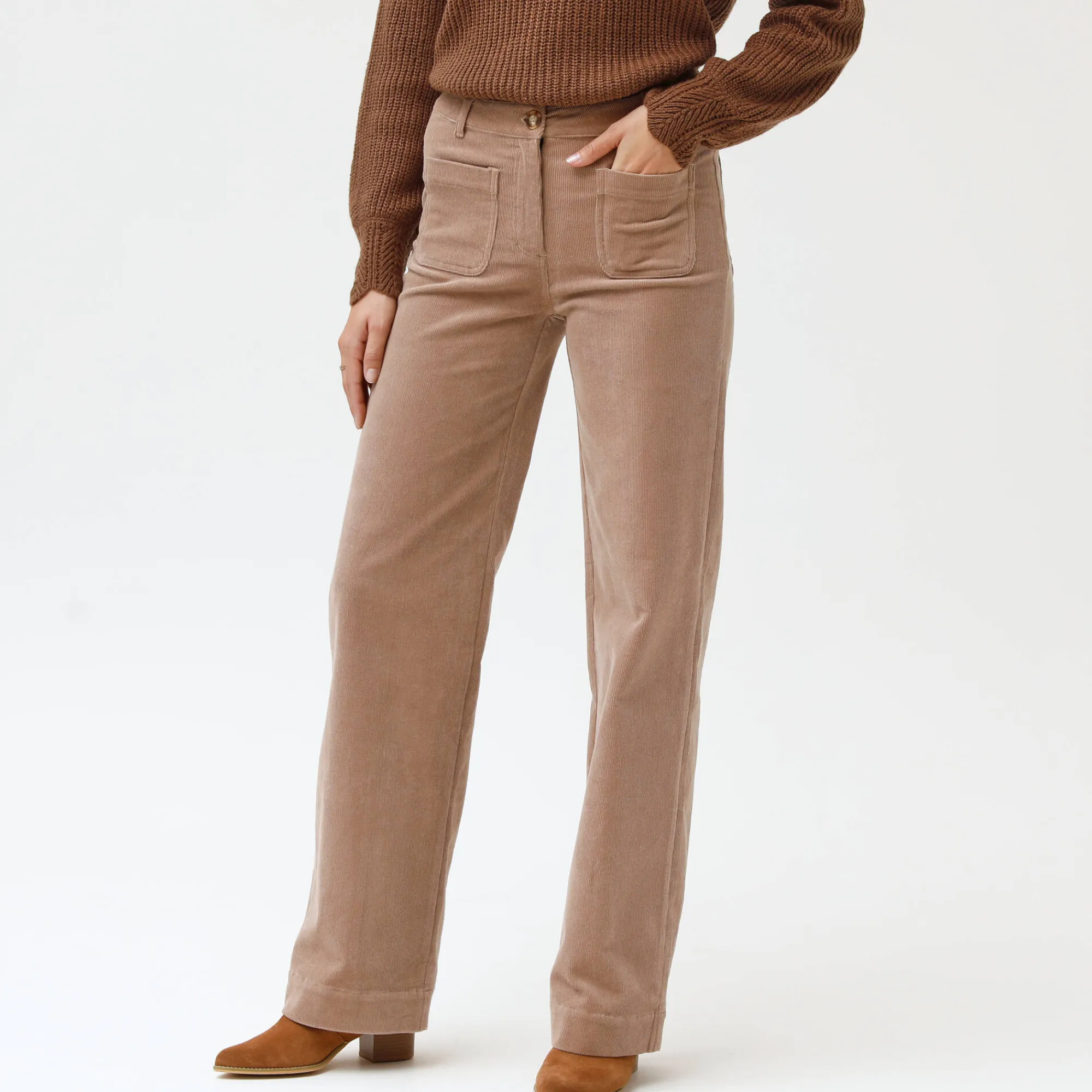 Broek<Blancheporte Wijde velours roek met hoge taille, kleine lengte beige