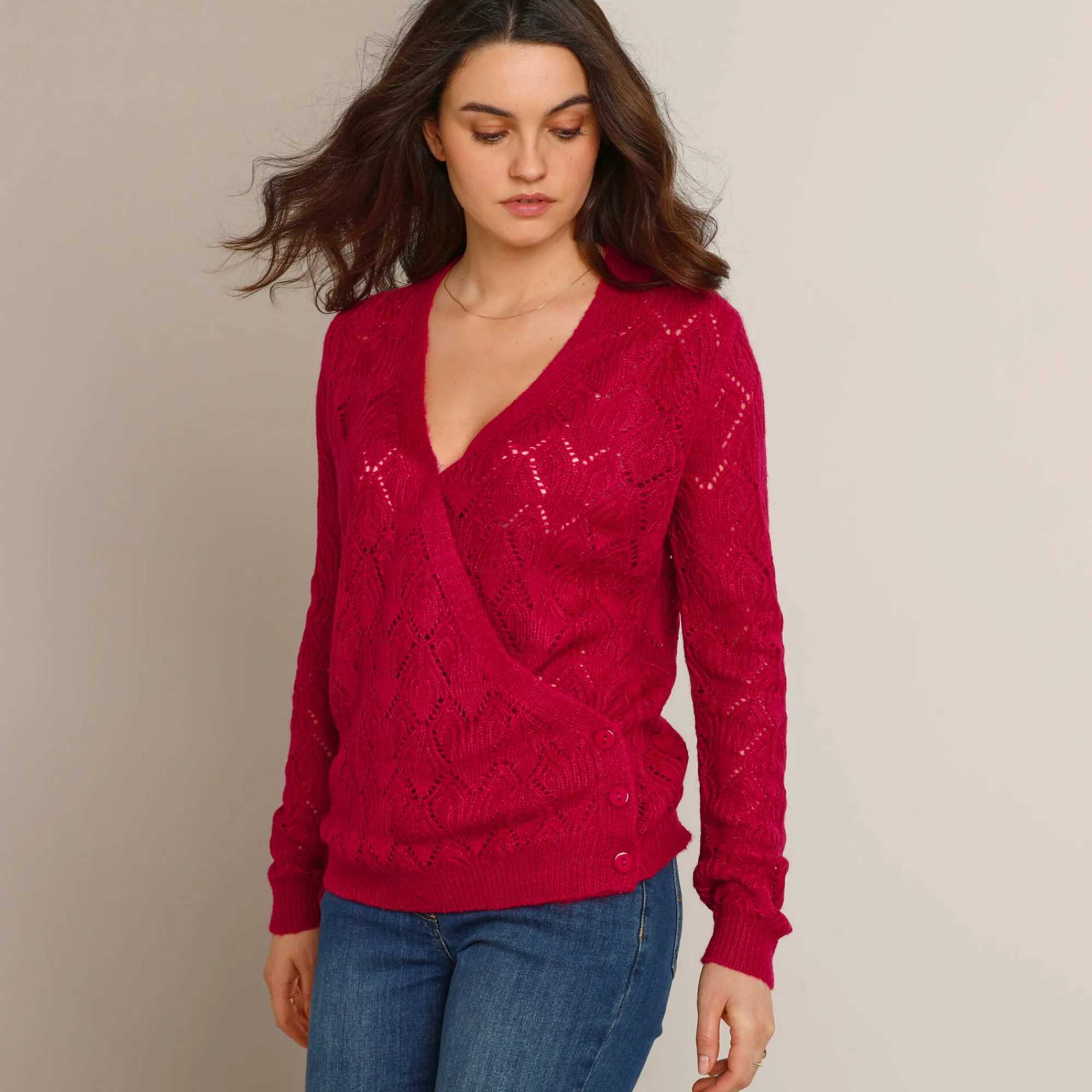 Trui En Vest<Blancheporte Wrap-overjasje, fantasiebreisel met zachte touch framboos