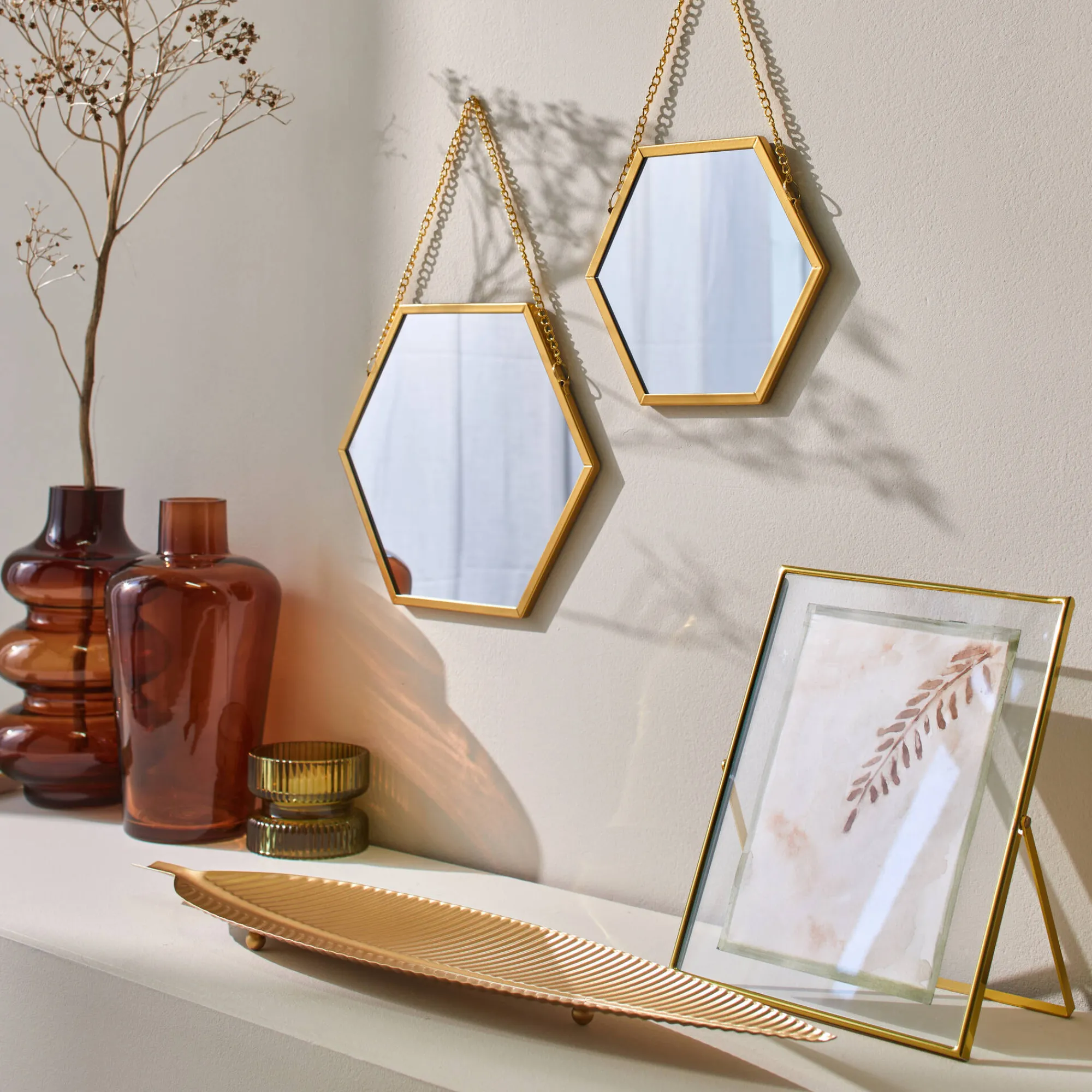 Feestdecoratie|Decoratieartikel<Blancheporte Zeshoekige spiegel - set van 2 goudkleurig