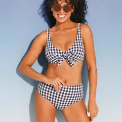 Badmode|Badmode<Blancheporte Zwemslip met hoge taille Minuri, ruitjesprint - maximodel ecru / blauw